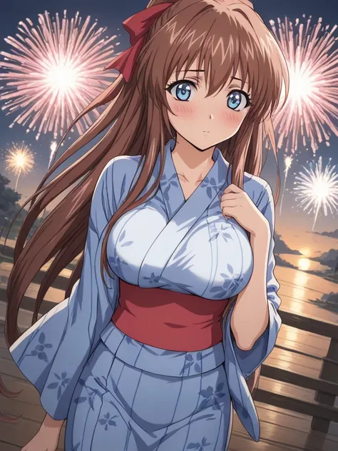 masterpiece, best quality, KanzakiAoi, 1girl, solo, long hair, brown hair, blue eyes, large breasts, hair ribbon, blush, Japanese Yukata, firework, cinematic angle,