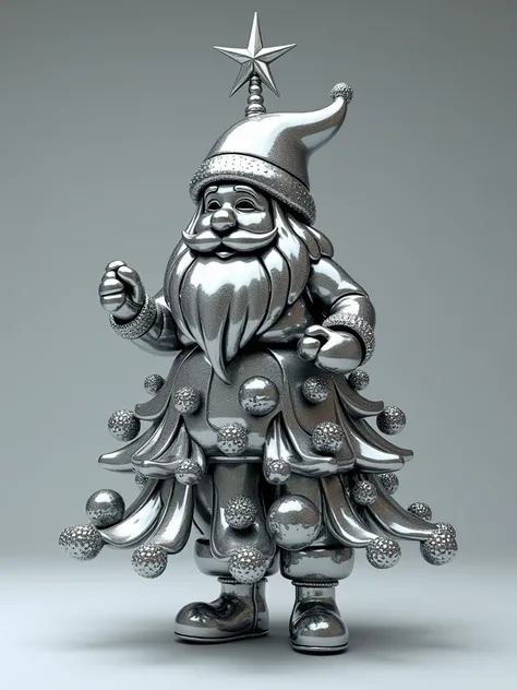 Christmas tree made of metal， cartoon style ，Silver Metal， cyberpunk，Hyper-Reality，Ultra-delicate，Metal Flowing ， Premium Grey ， glass reflection ，Santa Claus made of mirrored stainless steel ，Chrome plating，3D Rendering，Product Photography