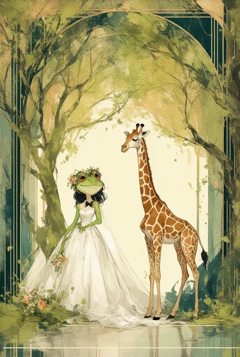 small female frog and male giraffe getting married together, art deco, colorful, decorative tree background