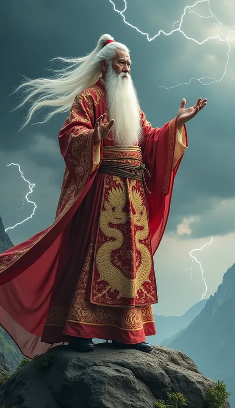 An elderly Chinese man with a long, flowing white beard stands on a stage resembling a mountain peak under a stormy sky. He wears a traditional flowing robe adorned with intricate dragon patterns in gold and crimson. His presence exudes wisdom and strength...