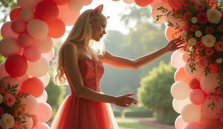 :
Near the entrance,  2 another 20-year-old white cat works on setting up a stunning welcome arch. She is dressed in a coral midi dress with golden buttons that shimmer under the sunlight. Her focused demeanor as she ties colorful balloons and weaves fresh...