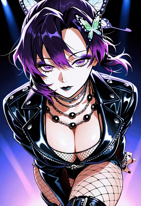 best quality, masterpiece, ultra-detailed, illustration, dynamic pose, shinobu, Shinobu Kocho from demon slayer, butterfly hairpin, purple hair, (perfectly proportionate body), eyeliner, tired,wearing a leather jacket, adorned with studded accessories, pla...