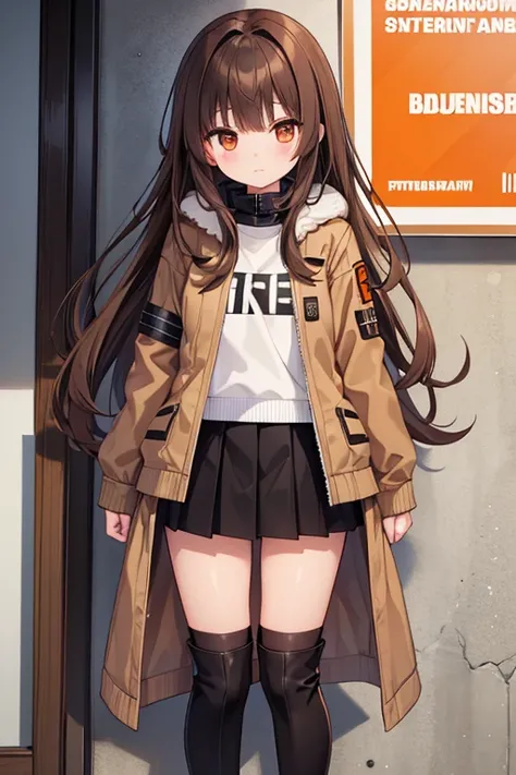 Height: 160cm　Light brown jacket with fur 　 black and brown hair　 and my hairstyle is semi-long 　 black miniskirt　There is an orange horizontal line on the skirt　 black long boots 　 my skirt is turned over　 I see my white panties
