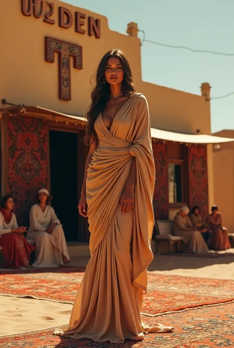  Massa lady stands in front of a carpet store that has an advertising sign  "Golden T  " , ladies are standing on a Persian carpet and all the action takes place in the desert