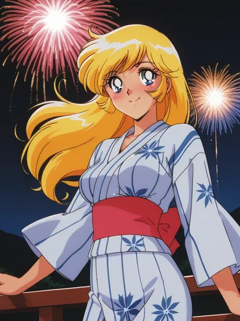 masterpiece,best quality,very aesthetic,highres, KisaragiHoney, 1girl, solo, blonde hair, long hair, blue eyes, medium breasts, retro artstyle, anime coloring, smile, blush, Japanese Yukata, firework, cinematic angle,