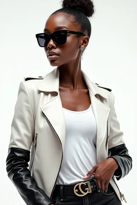 Beautiful african woman in the white Leather jacket with black leather sleeves and black dark glasses and white t shirt in the white screen