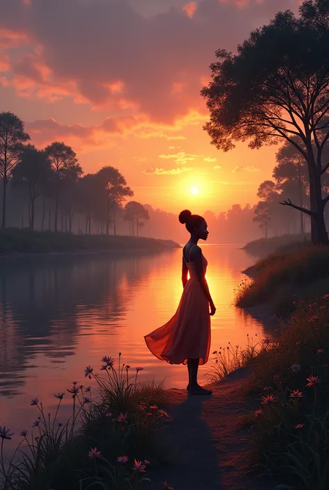 One evening, as the sun dipped below the horizon, painting the sky with hues of orange and purple, A Africa lady called Amina decided to take a stroll by the river. 