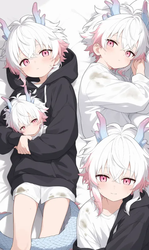 1boy,Pink Eyes,dragon horns on side of head,white hair,white ends of hair,muliticolored hair,cute boy,white shirt,Anime, Anime Style,13year old boy,dirty clothes,dragon tail,dragon scales on shoulder,oversized black hoodie, multiple positions and expressio...