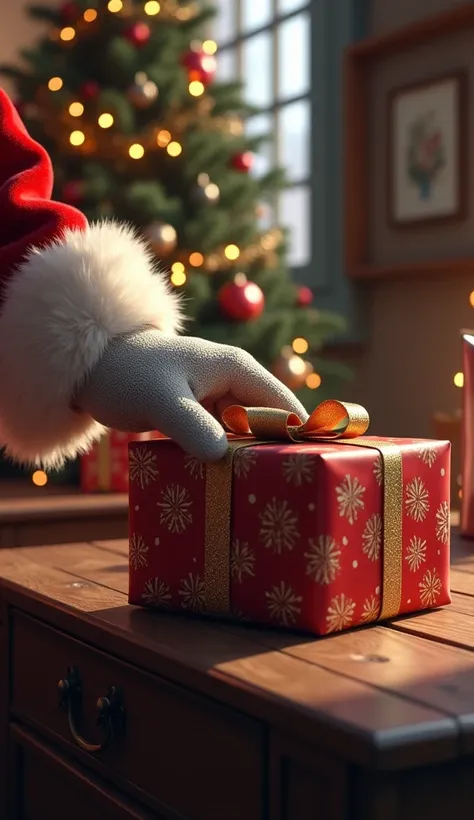 a realistic santa hand picking a packet which is placed above a table inside a christmas decorated room