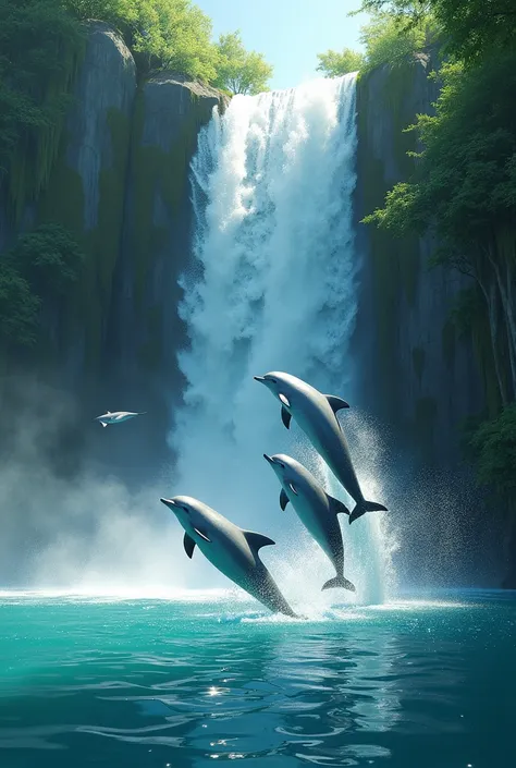 Waterfall with dolphins