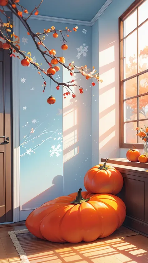 autumn city ,8k high definition photography of persimmons and birds on branches covered in ice crystals, minimalist style, light blue background, simple white space at top, colorful text arrangement. The overall color scheme is warm and bright. Chinese tra...