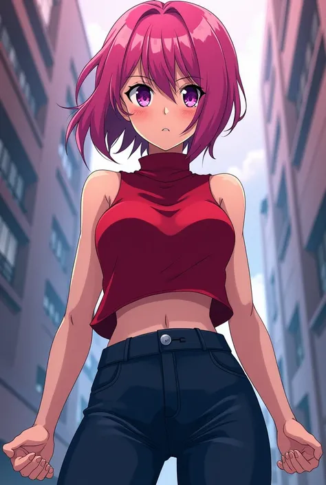 Make me an anime, female, short hair, pink hair color, slightly open red shirt, sleeveless top but with sleeves, dark blue pants, clothes like shes going to war, purple eye color 