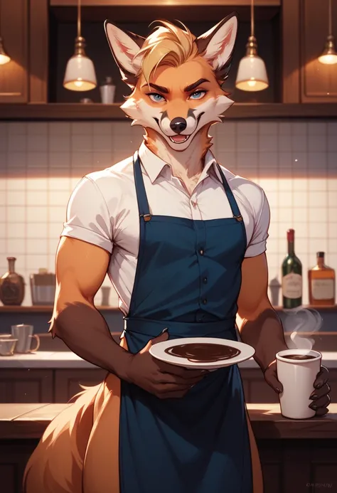 Furry fox guy bartender makes coffee looking at the viewer skinny in an apron