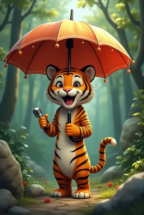 i mean the handle of the umbrella is a mini tiger holding a mic 