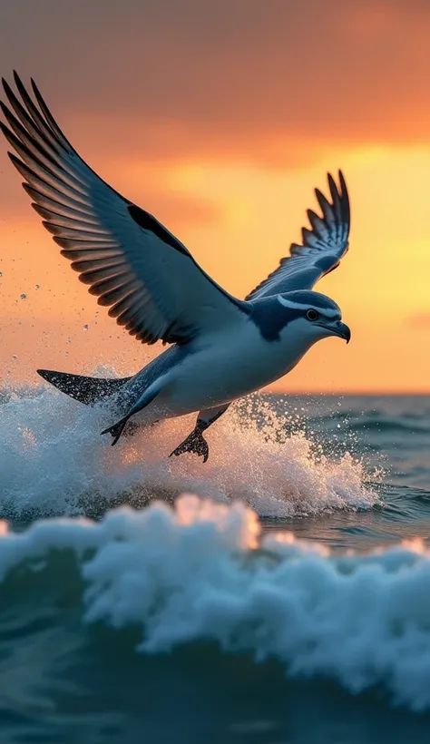 The Sea Falcon, a dolphin with falcon wings, soars gracefully above the ocean. Water droplets glisten off its silver-blue wings as it dives into the waves, framed by a fiery orange sky.