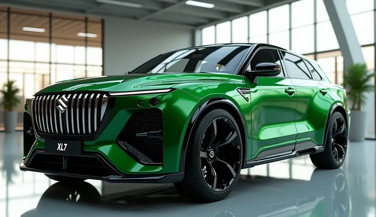 create an ultra-detailed 3D render, of a modern 2025 Suzuki XL7 with a bold design looking long  captured from   backsideview. The car should feature a green  color with a suzuki XL7  logo on its front, a large white detailed grille like rolls royce spectr...