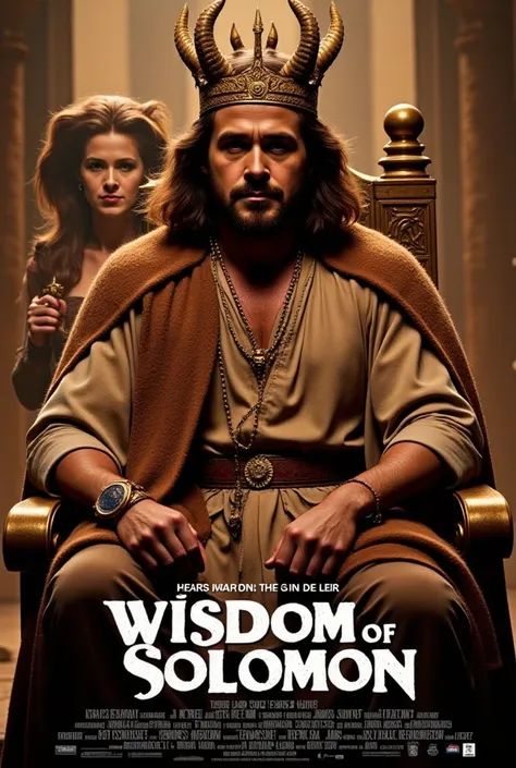 Movie poster, title is dancing decoration white letter "wisdom of Solomon" writhing bottom screen, leading actor is Ryan Gosling, background another actress of  many wife, Side view,  Sitting pose,  King Solomon is sitting gorgeous lion design chair,  1 Je...