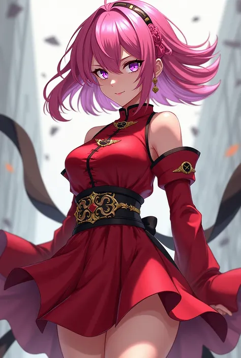 Make me anime, female, half long and half short hair, pink hair, red clothes, red skirt, clothes like shes going to war, purple eye color 