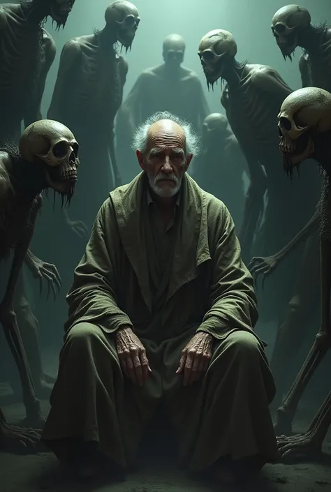 Make me a picture of an old man in a robe sitting somewhere and surrounded by a lot of scary ghouls.