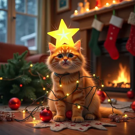 A fluffy orange tabby cat with wide, mischievous eyes is tangled in colorful Christmas lights, sitting in the middle of a chaotic living room. The floor is littered with fallen ornaments, tinsel, and a knocked-over Christmas tree. A bright, glowing star is...