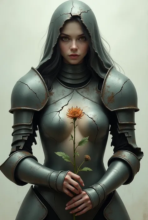 A woman dressed in armor, with visible cracks. Inside the armor, there is a more fragile figure, holding a withered flower. The setting is neutral, symbolizing the internal struggle.