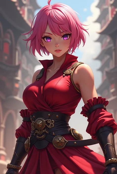 Make me an anime, female, short hair, pink hair, red clothes, red skirt, clothes like shes going to war, purple eye color 