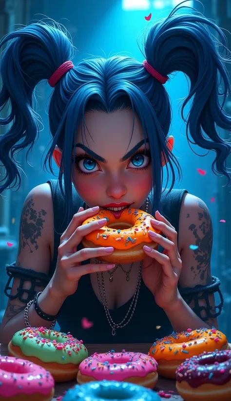 Create a highly detailed, cinematic-style illustration of a character inspired by Jinx from Arcane. She is depicted with her iconic wild blue twin braids and mischievous expression, hungrily devouring colorful donuts with vibrant frosting and sprinkles. Th...