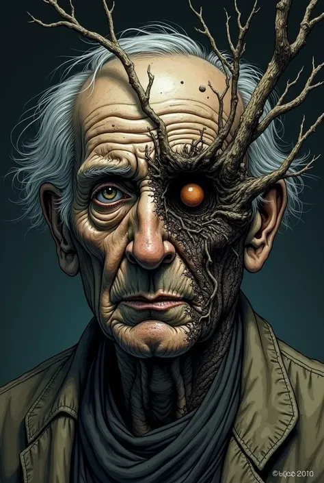 Make a book cover with a sketch of an old man with his left eye growing a dry tree and a grim face