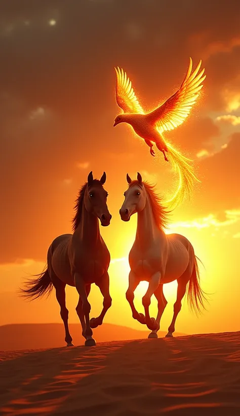 A majestic horse gallops across a fiery desert while a blazing phoenix flies overhead, leaving a trail of glowing embers. The two creatures lock eyes as the setting sun blazes behind them.