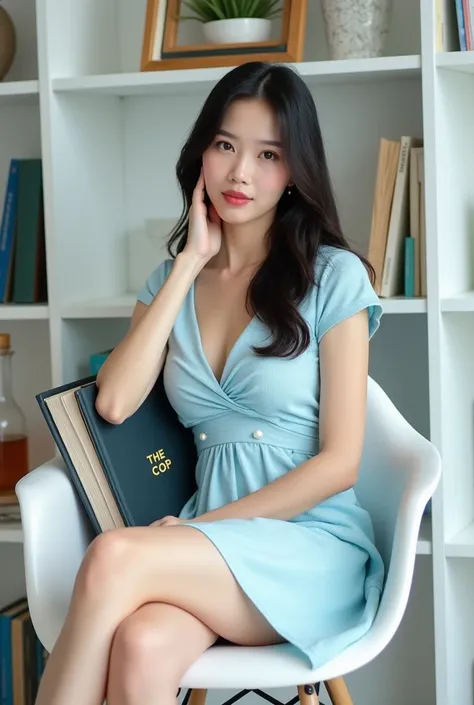 Photo of young thai woman 22 years old with long, dark hair, perfect figure with beautiful C-cup breasts, sitting casually on a modern white chair in a bright and minimalist setting, likely a library or study area.

She is wearing an elegant short-sleeved ...