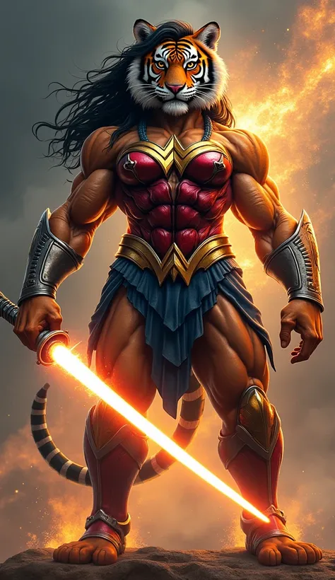 create 32k image of a Dangerous Fighting Untamed Hybrid Fusion of Tiger and Wonder Woman, wielding a Lightsaber as armor and possessing a muscular final form. The fusion stands as a formidable warrior, with the sleek, agile body of a tiger combined with th...