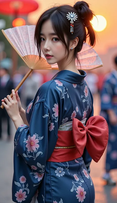 masterpiece,Summer Festival ,Alone, Japanese woman holding breasts,light makeup,A dignified appearance,yukata姿,Black Hair,((put her hair up)),Soft dark blue ,[white runnig water and morning glory pattern],Red belt,she has a paper fan,yukata( Very Thin Fabr...