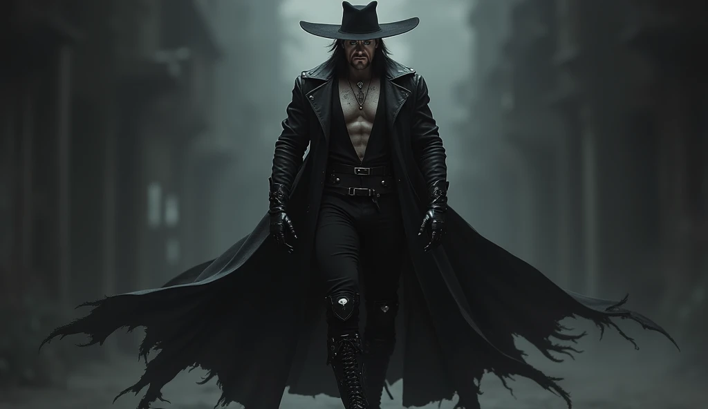 "Create a highly detailed image of a menacing male figure dressed as a dark, gothic character. He has a muscular build, long black hair, and an intense, brooding expression with dark eye makeup. He wears a wide-brimmed black hat and a long, black leather t...