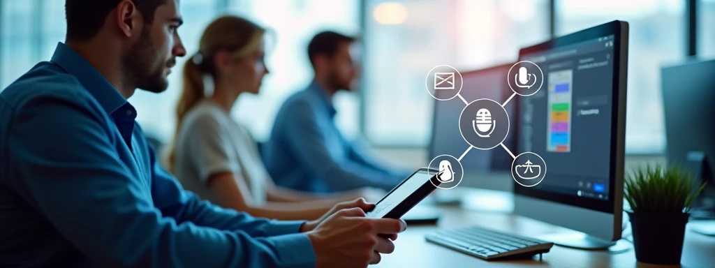 A high-quality image featuring an engineer configuring an IP phone, with a screen showing the virtual PBX interface nearby. In the background, office employees are using IP phones for communication. At the center, icons of phones, microphones, and connecti...