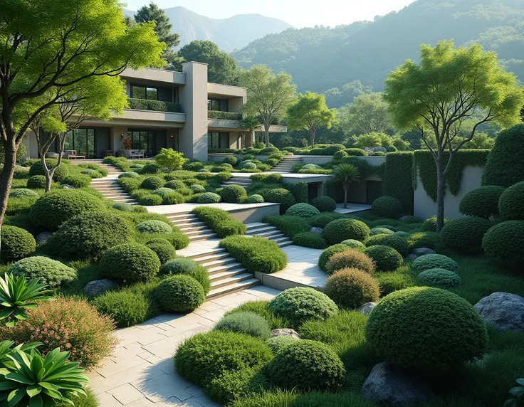 ((Best quality))),8k,((Masterpiece)),(Extremely refined and beautiful) a view of a garden with a pathway and a grassy area, sloped landscape architecture photo, garden landscape, soothing and cozy landscape, lush landscaping, with walkways, original and cr...