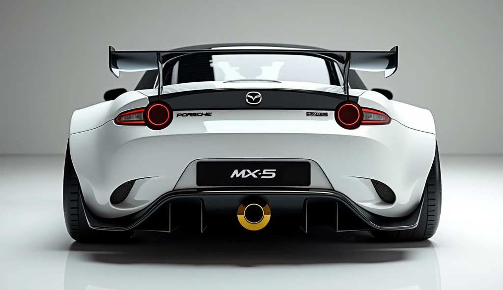 create an ultra-detailed 3D render  close back view, of a modern 2025 Mazda MX-5 Miata  with a bold design looking long like limousine captured from close back view. The car should feature a Gleamy white color and black accents with a porsche  logo on its ...