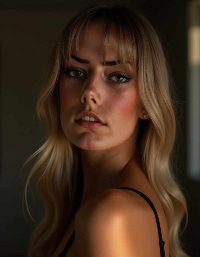 body shot, portrait, (Canon 50),(Rendered by octane),8k, seducer, symmetrical face, Dramatic cinematic lighting, (light glow on the left side, Dramatic +2, hyper realist, spirited, very sexy pose. 1womanl, detail on the face,  straight long hair, bangss, h...