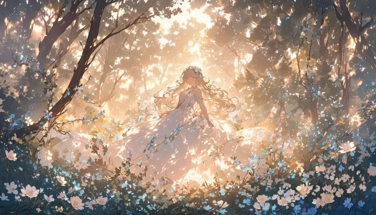 A quiet forest clearing bathed in soft, warm light, where shattered chains are covered by blooming wildflowers, symbolizing rebirth.