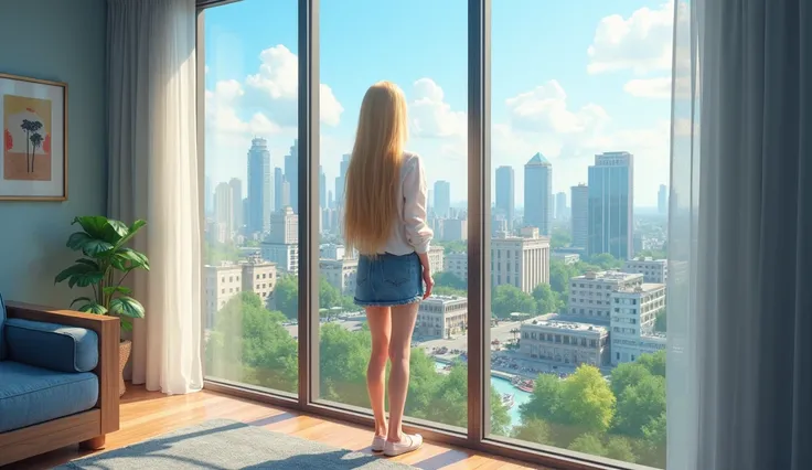  High quality. A real girl with 18 years old with beyond floor length blonde hair and see her "whole" body standing on the right of floor to ceiling window, must see her whole body. The scenario of window shows summer city in modern city. This graph MUST s...