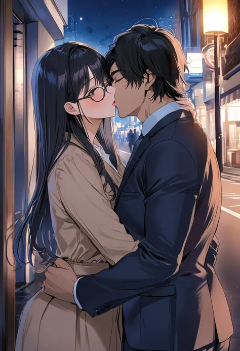 (( top quality)), (( masterpieces during breakfast )), ( Details), ( 1 Anime Girl ),  sexy, ( black hair), Bust 9０Big breasted OL in CM ,  young woman, OL and round glasses , (Woman in casual OL fashion), (Woman kissing man in suit on street corner at nigh...