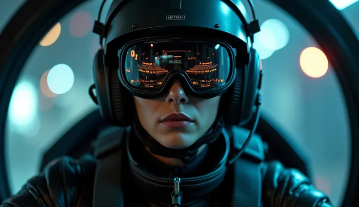  , a pilot Korean woman is sitting in her spinner flying engine,(masterpiece:1.2,Exceptional Quality,mirror-like,cinematic experience),8k,wallpaper,Ray Tracing,(woman),(Wearing futuristic tactical goggles:2.0,Tactical data is displayed on the goggles:2.0,D...