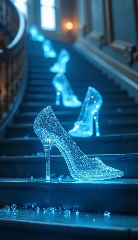 A pair of glass high heels、Fall sideways、Glass、Sparkling blue、At the top of the stairs、Like a scene from Cinderella