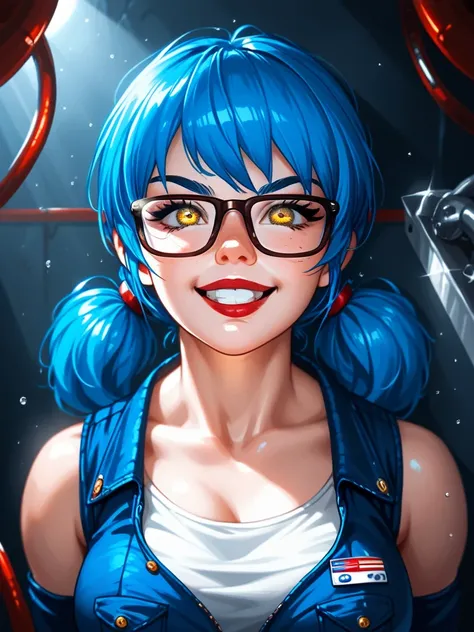 Generate an image with: score_9, score_8_up, score_7_up, score_6_up. A 45-year-old woman with short blue hair and two pigtails, bright yellow eyes, wearing prescription glasses, looks directly at the viewer with a wide, confident smile, showing her white, ...