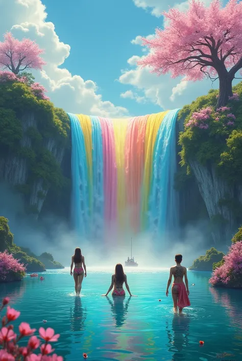 Rainbow waterfall, cherry tree, 2-3 tattooed people in the water, small boats floating, blue clouds, people walking on the water