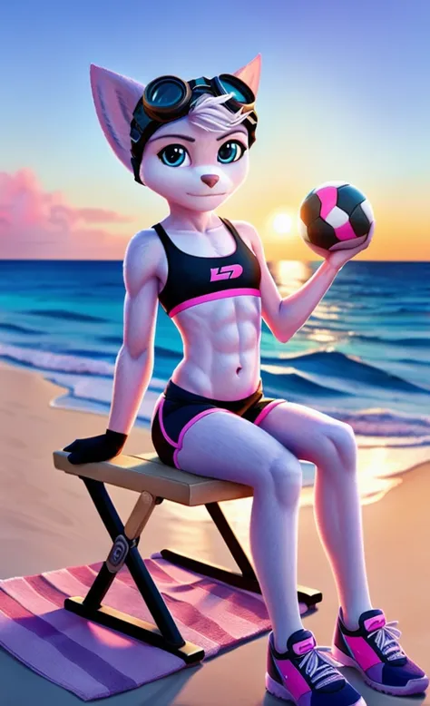 Rivet, tail, furry girl, 1girl, solo, young, pink sport shorts, pink sport bra, black soccer shoes, ocean background with sun set , sitting on a towel, detailed body fur, detailed body, detailed eyes, detailed face, athletic, skinny, high quality, masterpi...