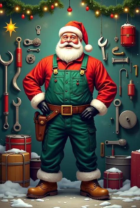 HAPPY X MAS AND HAPPY NEW YEAR POSTER, DYAN AUTOMOBILE WORK SHOPS, SNTHACLOSE IS MECHANIC DRESS