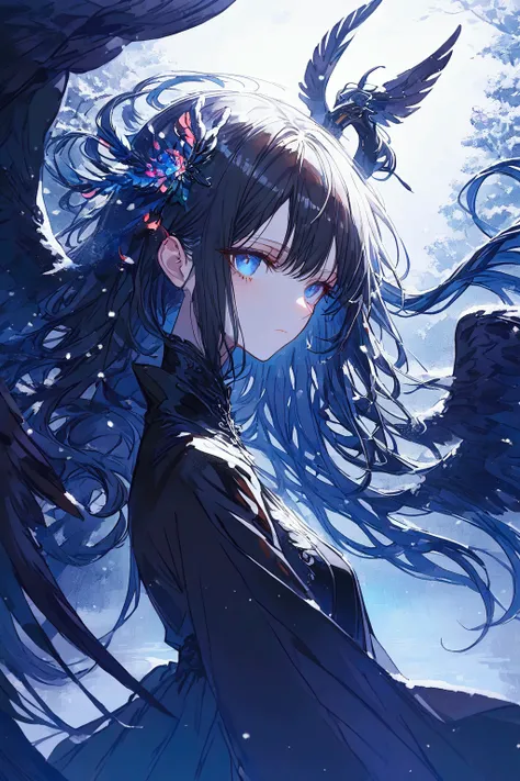 Illustration, highest quality, pixiv illustration, very detailed, animation, (((alone)) ((woman))), solo, detailed eyes and detailed face, black hair, blue eyes, long hair, black wings, flying soft black feather background, one black feather on the head, b...