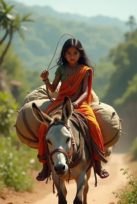 An indian small girl in saree riding a donkey with loads in its back and whip in her hand