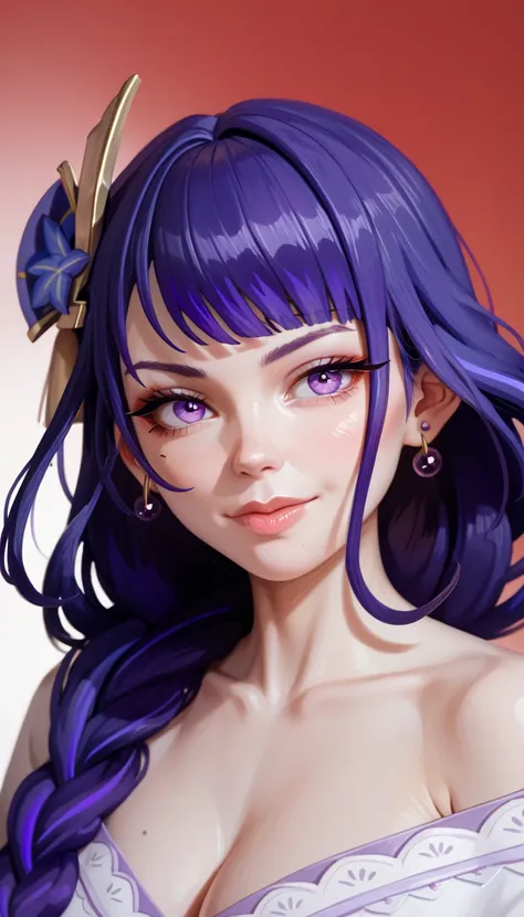 one girl, raiden shogun from genshin impact, purple hair, purple eyes, beautiful eyes, (white skin:1.2), gradient blured background, (bust, upper body, legs:1.2), pierced ears, (horny face:1.3)