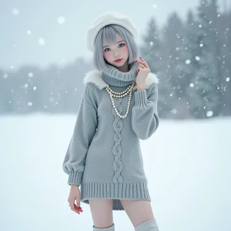 (8k,  Photorealistic , Original photo,  highest image quality taken by Ki: 1.4), beautiful Japanese idol style girl ,18 years old, model,1 person,( short bob),( Silver Hair),((Beret(White))), she hangs her hair over her ears ,Clear grey eyes,Long eyelashes...